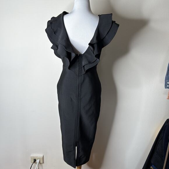 Fashion Nova Black Ruffle Pixie Bandage Midi Dress Pink crepe - Picture 9 of 10